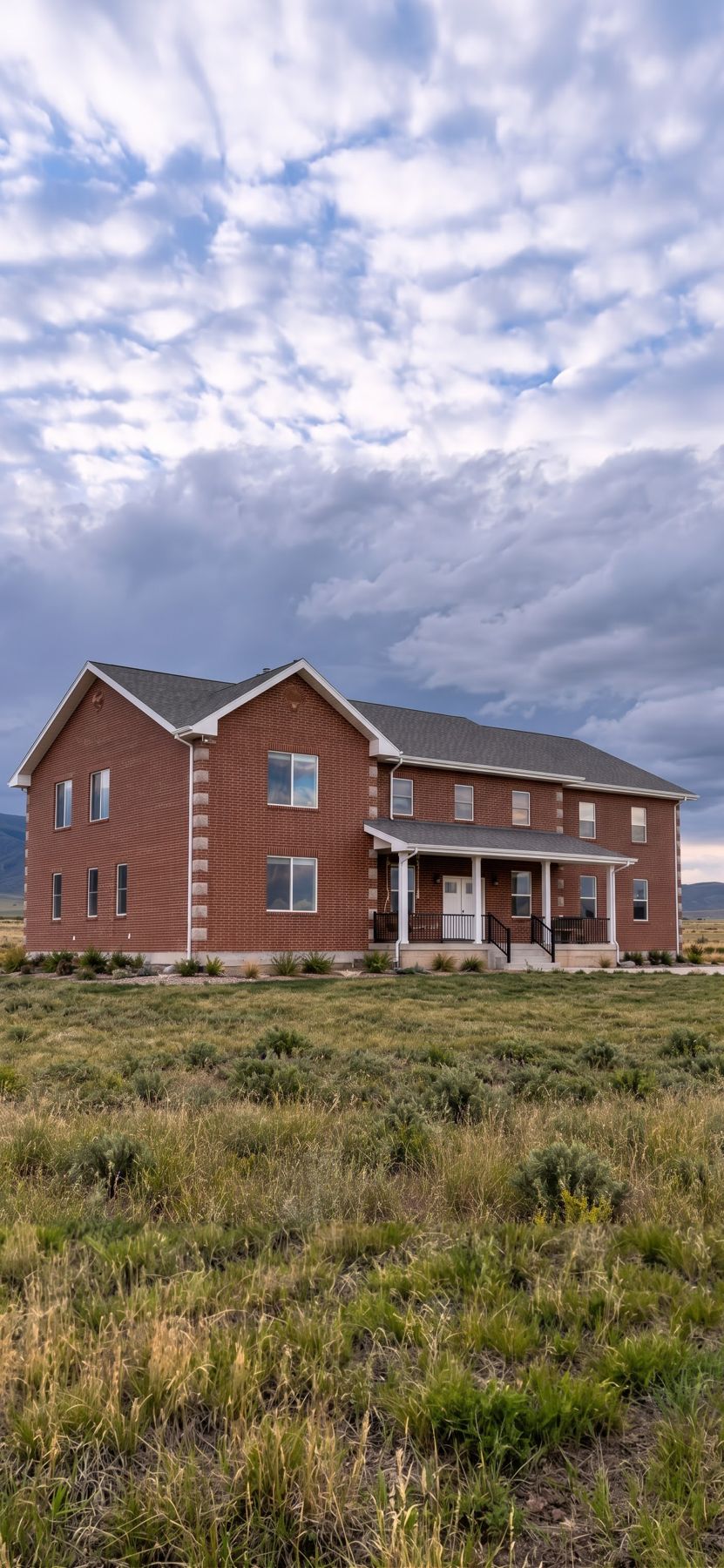 Two-story brick home with a covered porch above green grass and sagebrush.